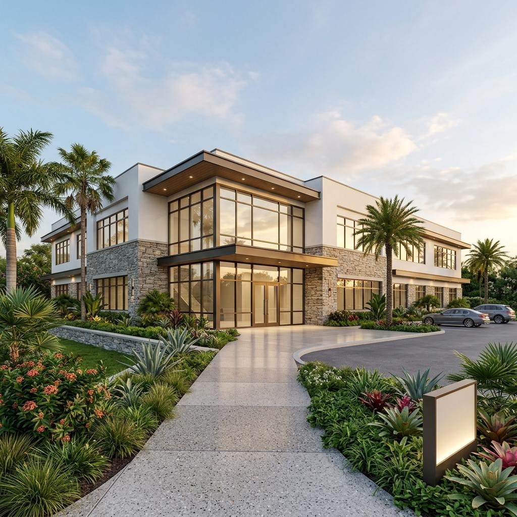 Architectural illustration of a contemporary commercial building with landscaped grounds