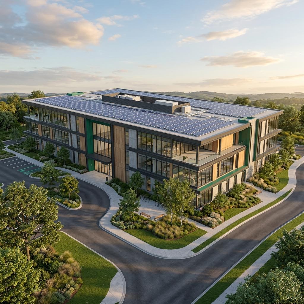 Illustration of solar panels on a modern commercial property